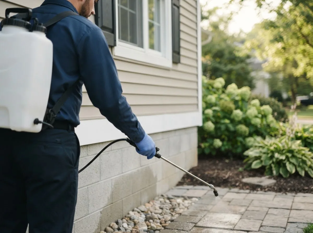 Pest control technician inspecting a home in Woodland, IL